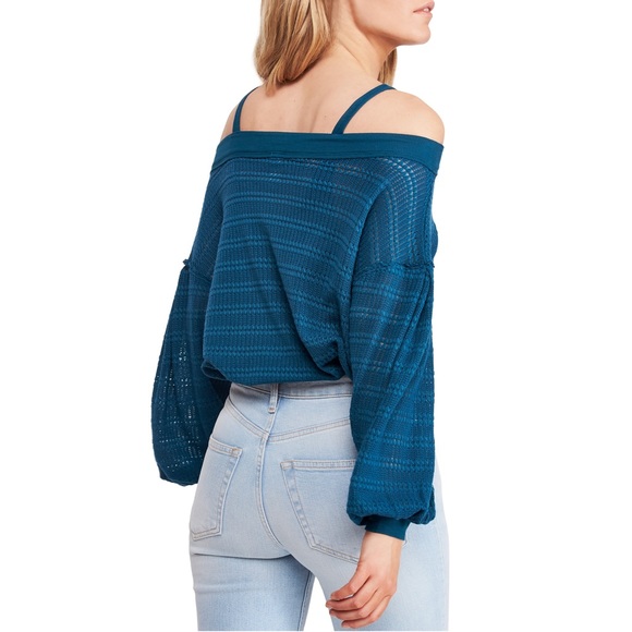 NWT Free People Sistine Cold Shoulders Hacci Sweater Top - Turquoise Size XS - Picture 2 of 10